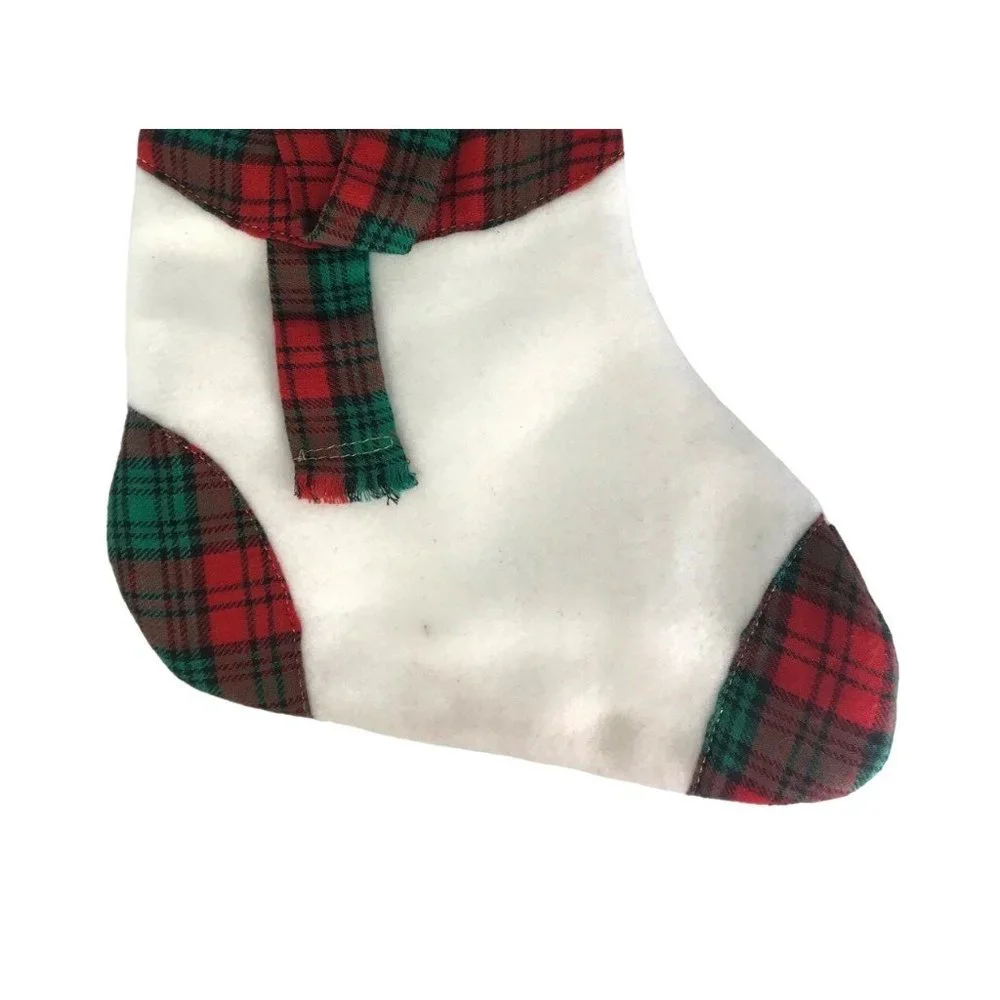 Handmade Snowman Christmas Stocking White Fleece Black Red Green Plaid - Picture 3 of 4
